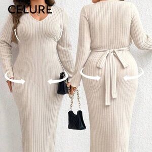 SHEIN Cream Long Sleeve Ribbed Dress